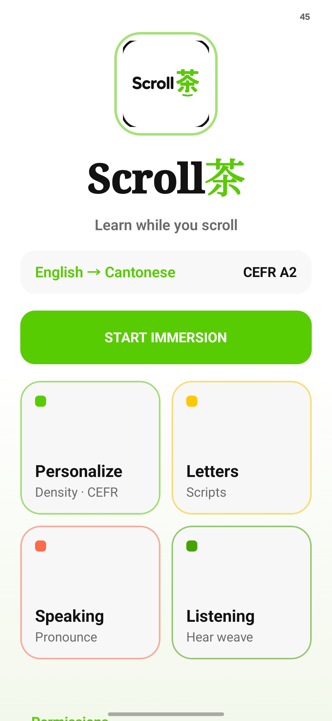 ScrollCha home screen with Start Immersion