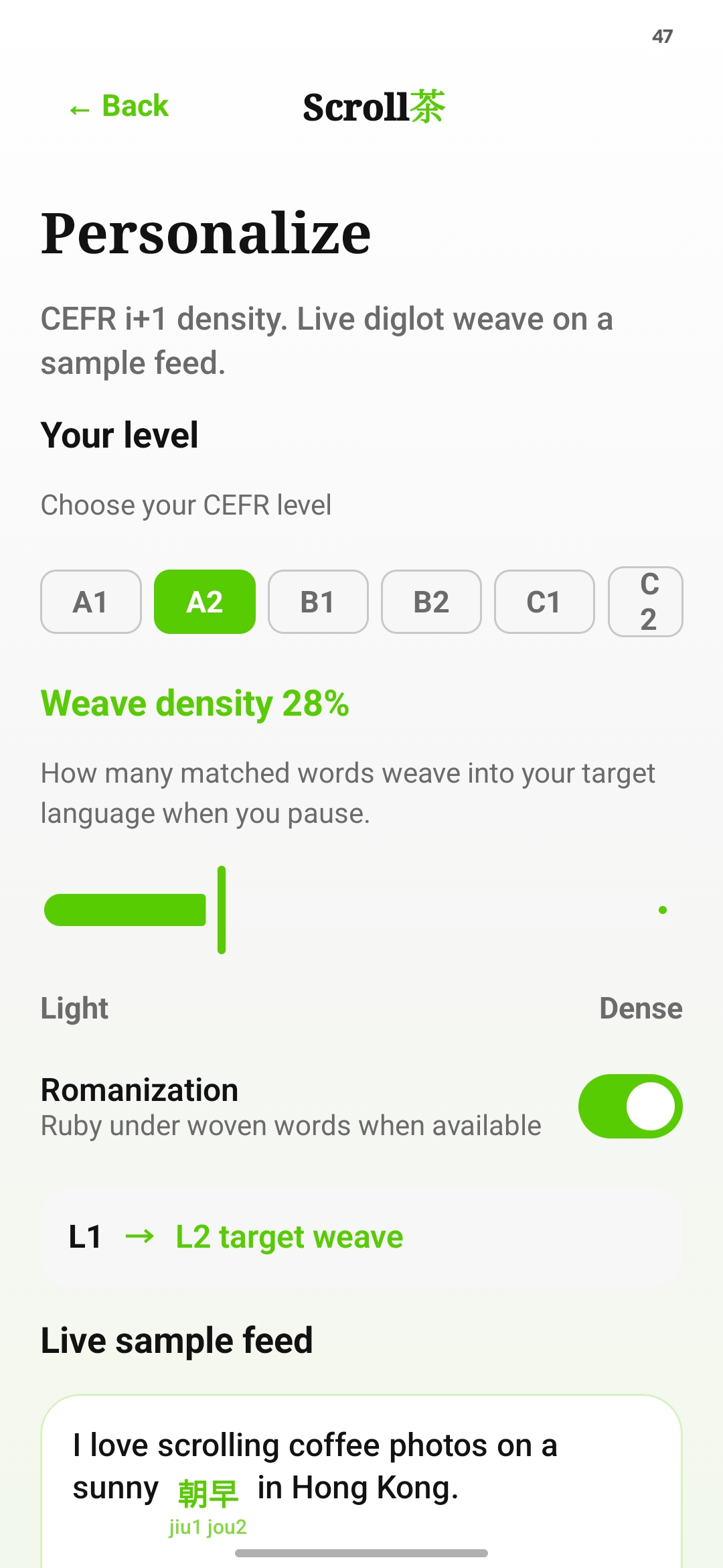 ScrollCha Personalize screen with CEFR and weave density